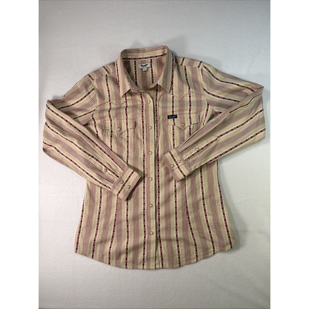 Wrangler Retro Western Shirt Womens L Tan Burgundy Striped Pearl Snap Vtg Style